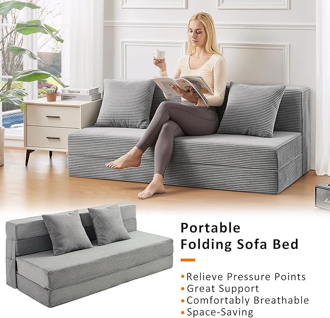 JKMAX Queen Size Folding Sofa Bed - 4 in 1 Convertible Sleeper Chair with Two Pillows - High Density Memory Foam Futon Couch - Foldable Bed for Living Room Bedroom (Dark Grey)