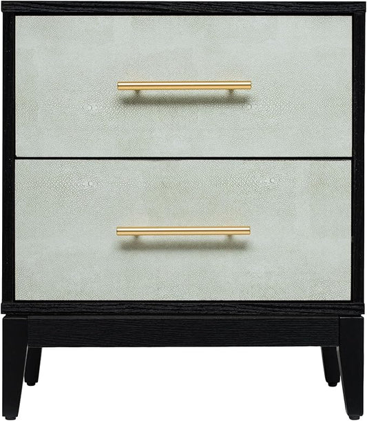 SANGO Shagreen 2-Drawer Nightstand, Modern Black Bedside Table with Gray Faux Shagreen Drawer Fronts, Brass Handles, Sturdy Legs, Elegant Storage for Contemporary & Luxury Homes