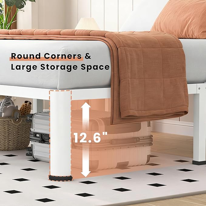 14 Inch White King Heavy Duty 3500 lbs Bed Frame with Round-Corner Legs & Anti-Squeak Design – Quick Assembly Metal Platform, No Box Spring Needed