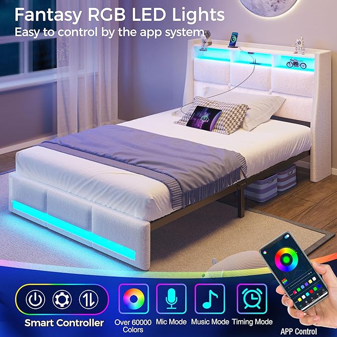 Rolanstar Twin Size Bed Frame with LED Lights and Charging Station, Upholstered Headboard with 2-Tier Storage Shelves, Heavy Duty Metal Frame, Noise-Free Support, Easy Assembly, No Box Spring Needed