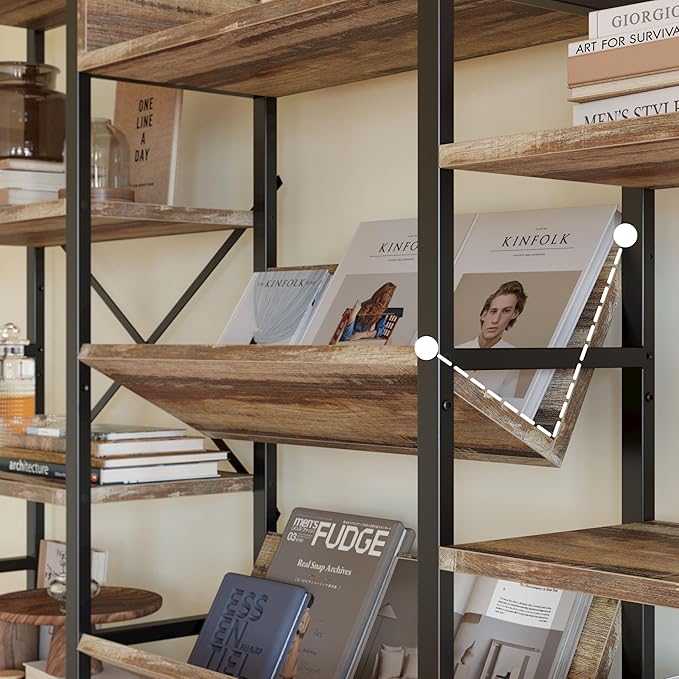 IRONCK Industrial Bookshelves 6 Tiers Triple Wide Bookshelf, Large Etagere Bookshelf Open Record Player Shelves with Metal Frame for Living Room Home Office