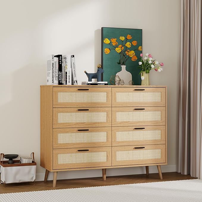 Panana 3/6/8 Drawers Dresser, Wooden Rattan Chest of Drawers with Rattan Front Spacious Storage Chest Bedside Table Nightstand Cabinet for Living Room, Closet, Hallway, Bedroom