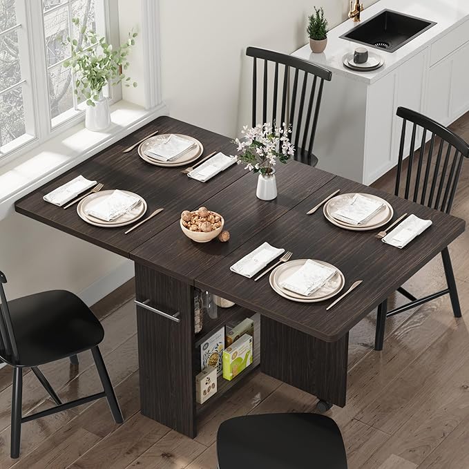 GarveeHome Folding Dining Table, Space Saving Farmhouse Dining Table for 4 Storage Shelf, 6 Wheels Multipose Expandable Kitchen Drop Leaf Table for Small Spac