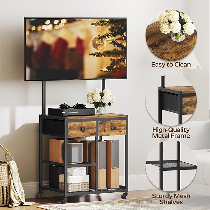 TV Stand with Mount, Corner TV Stand with Wheels, for TVs up to 50 Inches, Rolling Entertainment Center, Small TV Stands, for Living Room, Meeting Room, Bedroom, Rustic Brown DS08BR