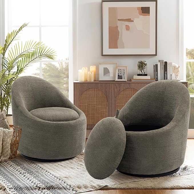 COLAMY Swivel Accent Chair, 360° Swivel Chair with Hidden Storage, Modern Small Barrel Swivel Armchair for Living Room/Bedroom, Green