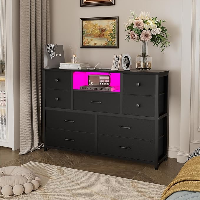 Dresser for Bedroom with 9 Drawers, Black Storage Organizer TV Stand for 55" TV with LED Lights and Sockets, Fabric Chest of Drawers with PU Finish for Kid Room, Entryway, Living Room, Hallway