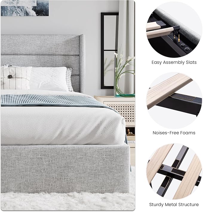 SHA CERLIN Queen Size Lift Up Storage Bed/Modern Wingback Headboard/Upholstered Platform Bed Frame/Hydraulic Storage/No Box Spring Needed/Wood Slats Support/Light Grey