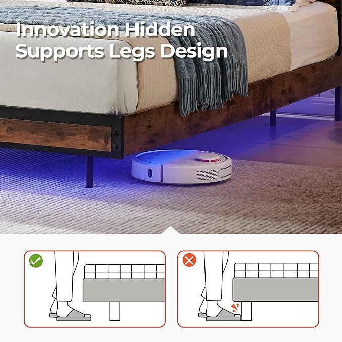BedsPick Full Bed Frame with 2-Tier Storage Headboard, Metal Platform Full Size Bed Frame with Smart LED Lights & USB Charging Station, Noise-Free/Metal Support/No Box Spring Needed, Brown