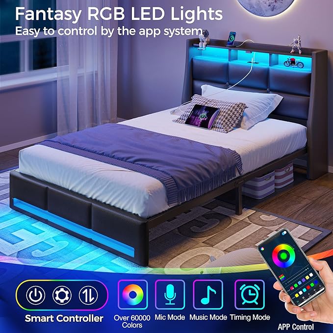 Rolanstar Twin Size Bed Frame with LED Lights and Charging Station, PU Leather Bed Storage Headboard & Drawers, Heavy Duty Wood Slats, Easy Assembly, Black