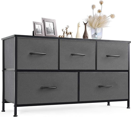 Sweetcrispy Dresser for Bedroom with 5 Storage Drawers, Fabric Storage Tower Organizer, Chest of Drawers with Metal Frame Wooden Top for Closet, Living Room, Entryway, Grey