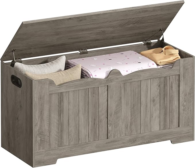 39.4" Storage Chest, Storage Bench Trunk with 2 Safety Hinge,Wooden Box, Lift-Top Chest Organizer, Shoe Bench for Entryway, Bedroom, Living Room, Greige SB01005X
