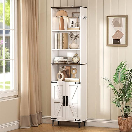 6 Tier Bookshelf with Doors and Adjustable Shelf, 72in Tall Bookcase with Storage Cabinet, White Farmhouse Bookshelves Wood for Living Room, Bedroom, Home Office