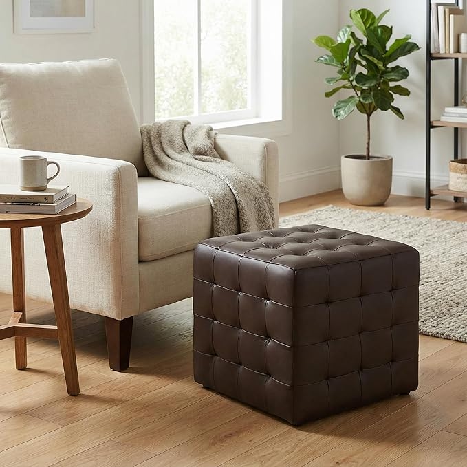 Cortesi Home Charli Tufted Cube Ottoman in 100% Genuine Leather, Brown