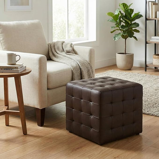 Cortesi Home Charli Tufted Cube Ottoman in 100% Genuine Leather, Brown