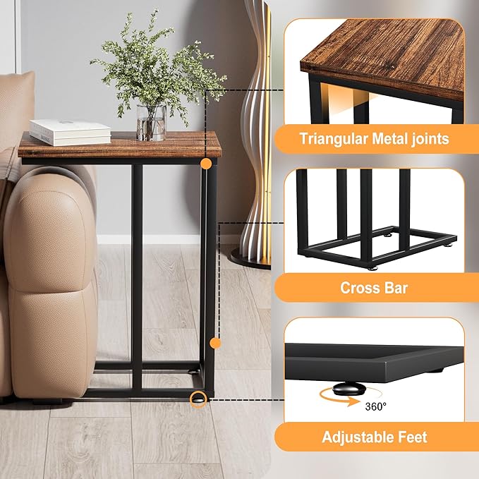 VECELO Universal C-Shaped Side Table, Multi-Functional Snack & TV Tray for Living Room, Bedroom, Brown (1 Set)