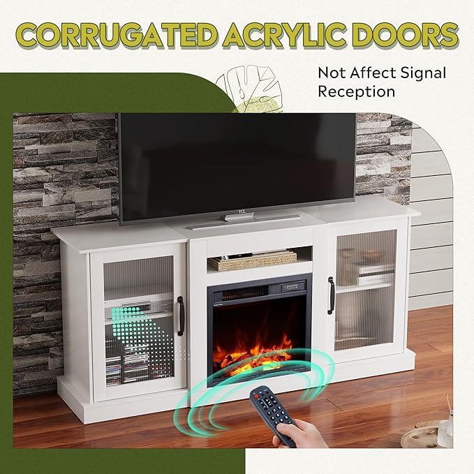 WLIVE Fireplace TV Stand for 65" TV, Entertainment Center with 3D Realistic Flame Electric Fireplace, TV Console with Open Shelves for Living Room, White
