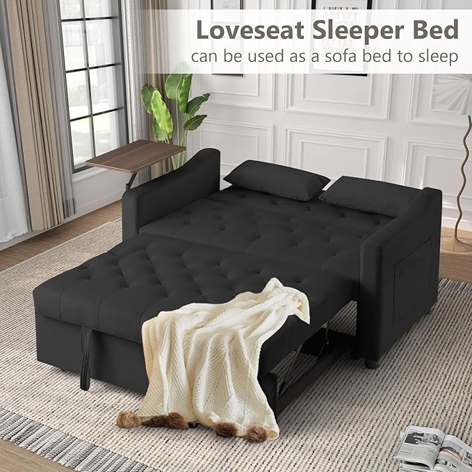 Yafylly 3 in 1 Loveseat Sleeper, 3-Level Adjustable Backrest Convertible Sofa Bed, Pull Out Couch with 360° Rotating Side Table for Living Room, Apartment, Bedroom, Black