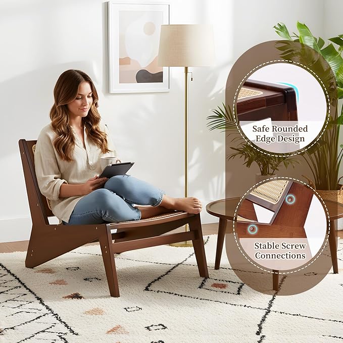 Rattan Chair 2Pcs, Mid-Century Accent Chair, Rattan Lounge Chair for Living Room, Boho Side Corner Comfy Chair for Bedroom and Balcony, Walnut