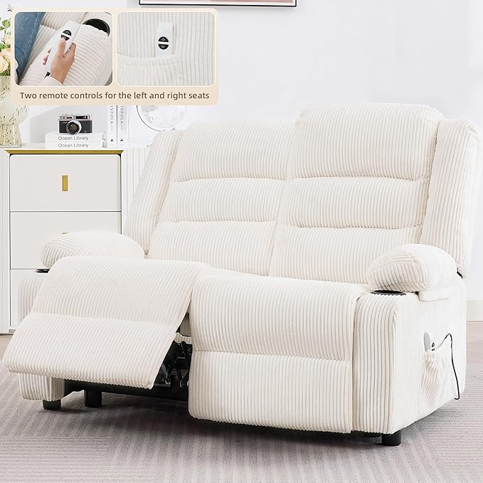 52Inch Power Loveseat Recliner,Electric Reclining Loveseat Sofa,Adjustable Love seat Recliner Sofa for Living Room,Bedroom with Charging Ports (Striped White)