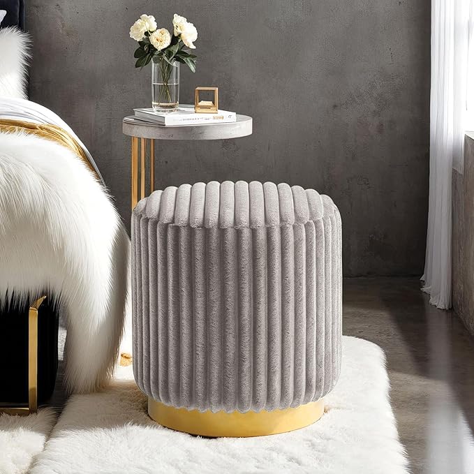 Furniture of America Vail Modern 17-inch Upholstered Ottoman with Channel Tufting and Gold Stainless Steel Base, Vanity Stool Chair, Small Foot Stool for Bedroom, Living Room, Entryway, Grey