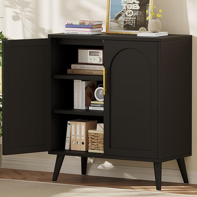 15.7" D Black Buffet Cabinet with Storage, Boho Buffet Sideboard with Adjustable Shelf and Solid Wood Legs, Accent Floor Storage Cabinet for Kitchen, Living Room, Natural