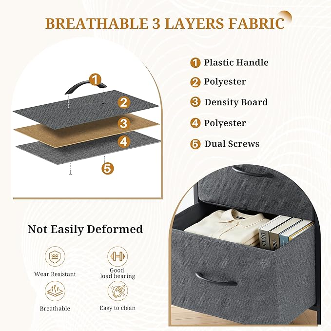 Nightstand with 4 Fabric Drawers, 37.4" H Tall Narrow Bedside Table with Wooden Top Steel Frame for Bedroom, Dorm, Closet, Living Room, Grey