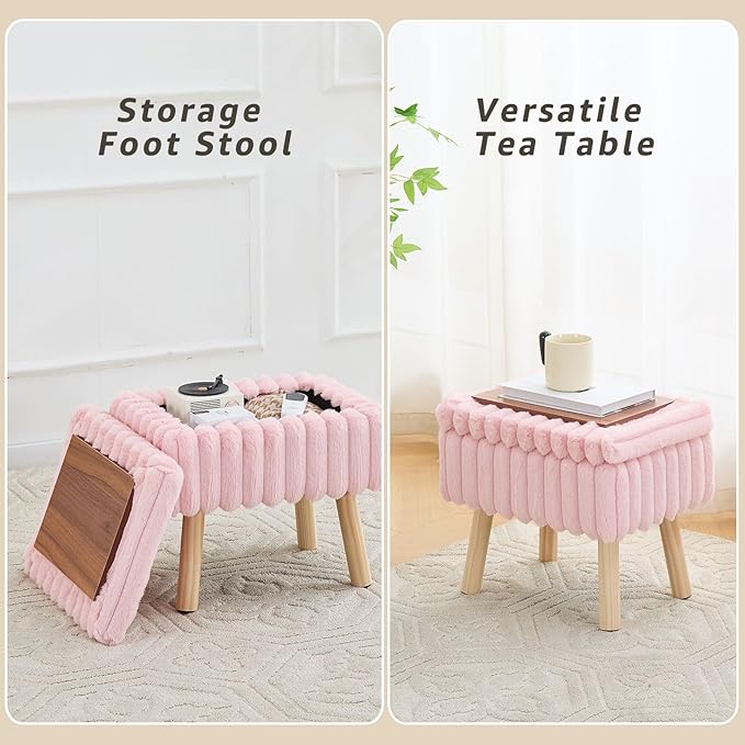 Wimarsbon Storage Ottoman,Soft Faux Fur Footstool with Padded Seat, Small Reading Vanity Chair, Footrest with Wood Tray for Couch, Mini Coffee Table or Display Stand (Pink)