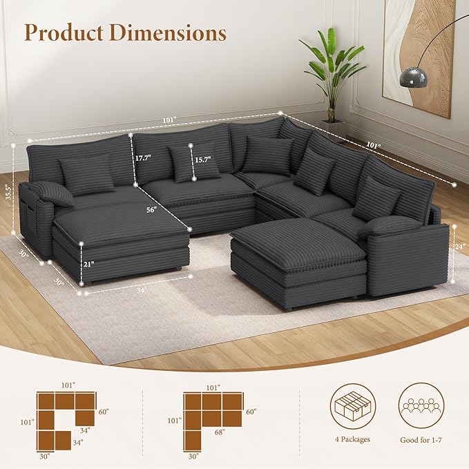 Vesgantti 101" V-Shaped Corner Couch Sectional, 7 Seat Customizable Modular Cloud Couches with Movable Ottoman, Corduroy Deep Seat Sofa Set with Chaise for Living Room, Bedroom and Apartment, Gray | Sink-in Comfort, Height Adjustable, Easy Rearrangemen...