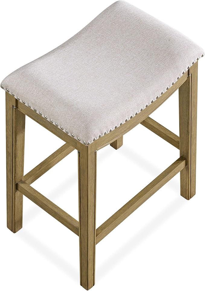 ROME + OAK Parker 26 Inch Counter Stool, Backless Saddle Kitchen Barstool in Natural Wood Finish with Wheat Cream Fabric Upholstery Cushion Seat