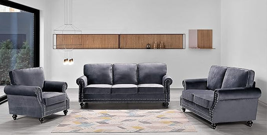Container Furniture Direct Lotus Mid Century Modern Velvet Upholstered Living Room Rolled Arms, Chair, Loveseat and Sofa, Grey