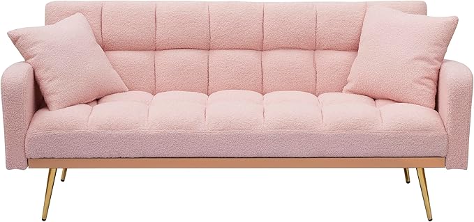 Eafurn Padded Convertible Futon Sofa Bed, Teddy Fleece Fabric Futons Loveseat Couch with Adjustable Backrest, Folding Sleeper Recliner Sofabed for Living Room Furniture | Golden Legs, Wood Frame