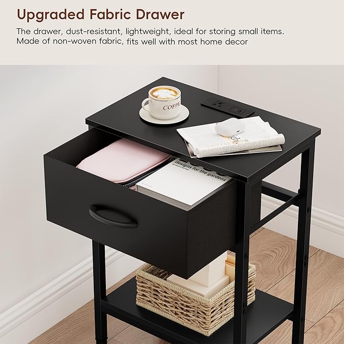 Vagusicc Black Nightstand with Charging Station, End Table with Fabric Drawer, Small Side Table with 2-Tier Storage Shelves, 25.4" Tall Bedside Table, Black Night Stand for Bedroom, Living Room, Dorm