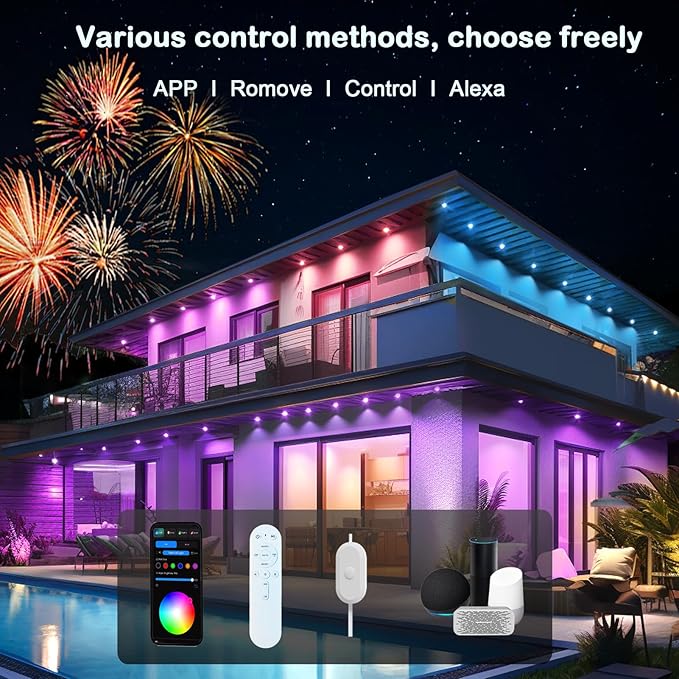 150ft Permanent Outdoor Christmas Lights for House, Smart RGB+IC+Warm to Cool White LED Eave Lights with App Control, IP65 Outside Light Compatible with Alexa, Google Assistant