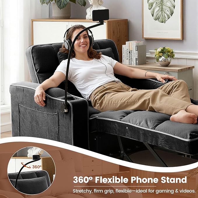 Sleeper Chair, Pull Out Chair Sleeper with Bracket and Cup Holder, Single Convertible Chairs Bed Sleepers for Adults, 3 in 1 Sofa Bed Chairs for Small Spaces, Living Room, Black