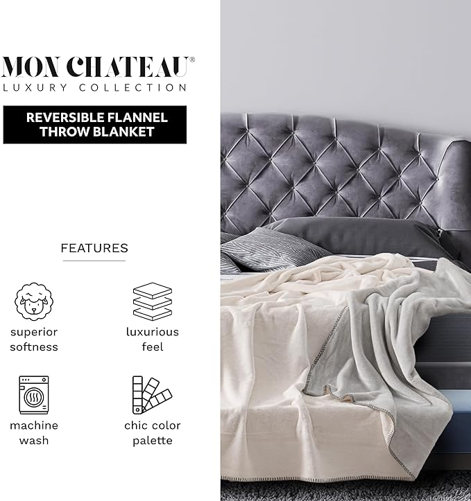 Mon Chateau 112" x 92" Haven Reversible Flannel Throw Blanket for Couch, Sofa, or King Size Bed, Luxury Over-Sized Ultra Soft Plush Melange Blanket for Sleeping or Home Decor, Silver Fog