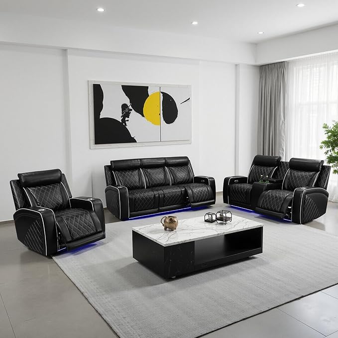 Power Recliner Sofa Set with LED, Breathable Leather Recliner Couch Loveseat Chair Set with USB Port/Cup Holder/Storage, 3 Piece Reclining Living Room Set for Home Theater (Black-3)