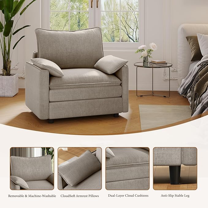 Vesgantti 40" Single Seat Sofa, Comfy Cloud Couch Deep Seat Upholstered Couch Chenille Modern Sofa with Armrest Pillow, Easy Assembly for Living Room, Bedroom and Apartment, Light Brown | Sink-in Comfort, Height Adjustable, Easy Rearrangement, Extra-de...