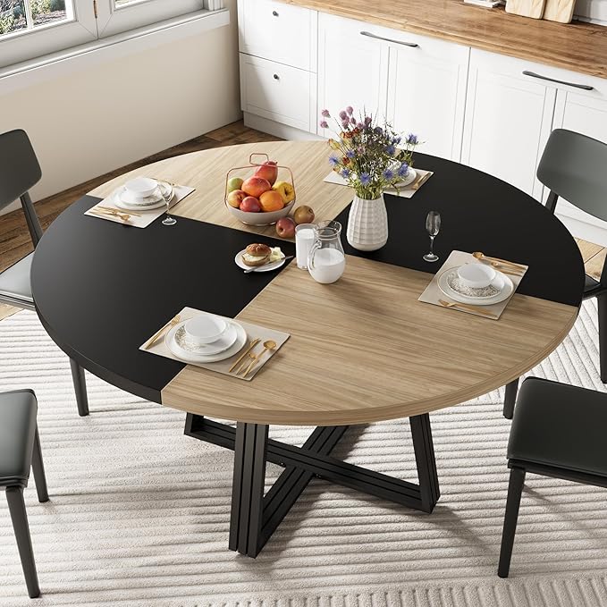 Garvee 47" Inch Round Dining Table for 4, Farmhouse Dining Room Circle Dinner Table,Space Saving Wood Kitchen & Dining Room Furniture, Round Tables with Storage and Metal Square Legs, Black Oak