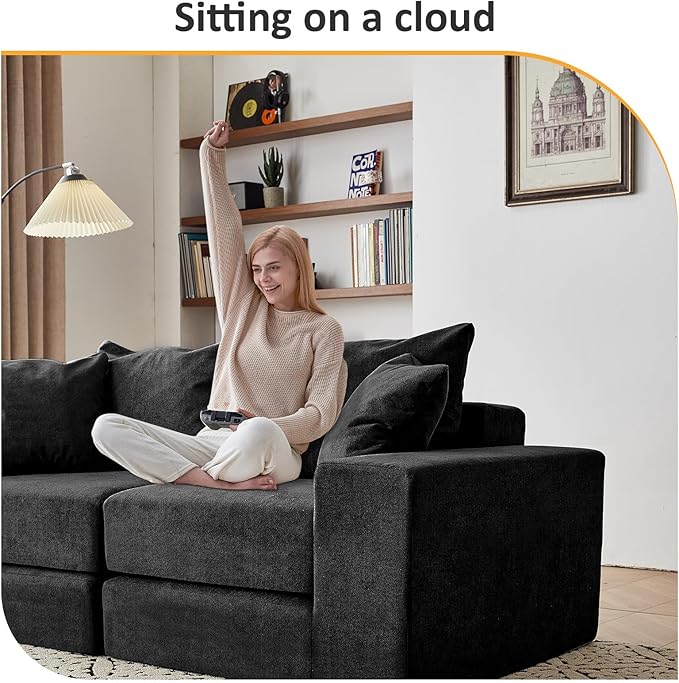 Modular Sectional Loveaeat Cloud Sofa, Boneless Couch with Non Slip Base, Cozy Sleeper Sofa for Customizable Living Spaces, Modern Modular Couch with L-Shape Chaise, Deep Seat & No Assembly, Black