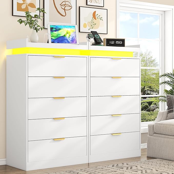 Tall Dresser for Bedroom, White Dresser with LED Lights, Wood 5 Drawer Chest with Power Outlet, Modern Chest of Drawers for Bedroom, Entryway, Hallway