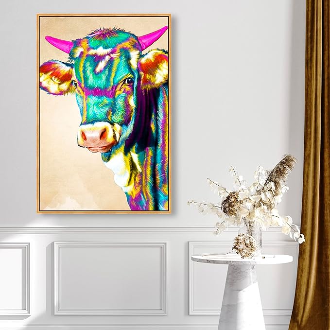 Country Farmhouse Canvas Print Painting Animal Wall Art 'Fun Colorful Glam Farm Cow' Gold Framed Canvas Rustic Home Décor 30x45 in Green, Pink by Oliver Gal