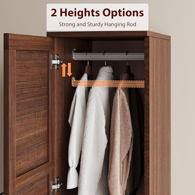 GarveeHome Armoire Wardrobe Closet with 2 Doors, Wooden Wardrobe Cabinet with Hanging Rod, 72 in Narrow Tall Clothing Armoire Cabinet with 18 Adjustable Shelves for Clothes, Bedroom, Walnut