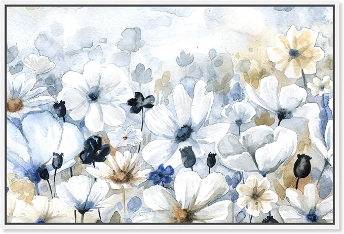 The Oliver Gal Artist Co. Floral and Botanical Wall Art Framed Canvas Prints 'Fields Flowers Home Décor, 36" x 24", Blue, White