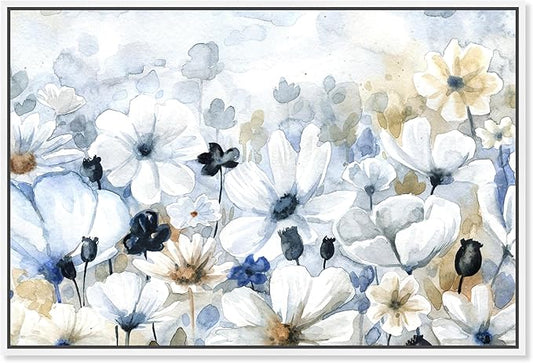 The Oliver Gal Artist Co. Floral and Botanical Wall Art Framed Canvas Prints 'Fields Flowers Home Décor, 54" x 36", Blue, White