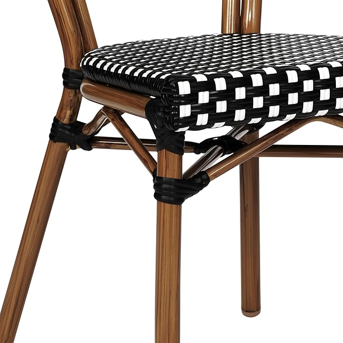 Flash Furniture Lourdes Indoor/Outdoor Commercial Thonet Bistro Stack Chair - Black/White PE Rattan Back and Seat - Natural Bamboo Print Metal Frame - 2 PK
