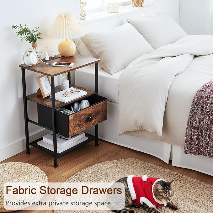 Night Stand Set 2, Nightstand with Charging Station, End Tables Living Room with Fabric Drawer for Small Spaces, Bed Side Tables with Storage Shelf for Bedroom, Rustic Brown HETS010PBR