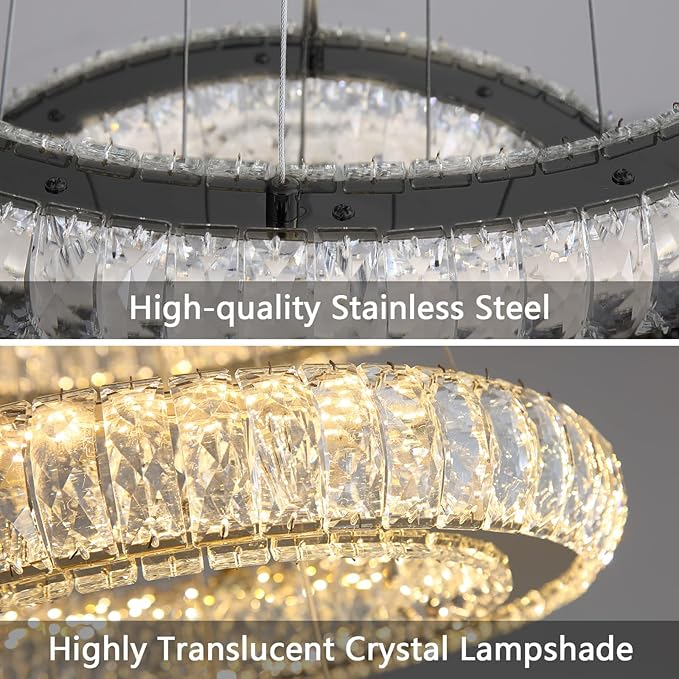 Modern Chandelier 8"+16"+24"+32"+40"+47" 6 Rings Crystal LED Dimmable Lighting Foyer Entryway High Ceiling Living Room Chanderliers Pendant Lights Fixtures Black Light