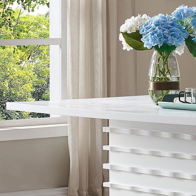 Kings Brand Furniture - Caballo Wood Pedestal Wave Design Modern Rectangular Kitchen Dining Room Table, White