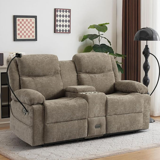 Manual Reclining Loveseat Sofa with Console, Chenille Upholstered Couch for RV, Living Room, Apartment or Office, Dual Recliners with Cup Holders, Phone Holder, Hidden Socket (Camel) | Cup Holder, Side pocket