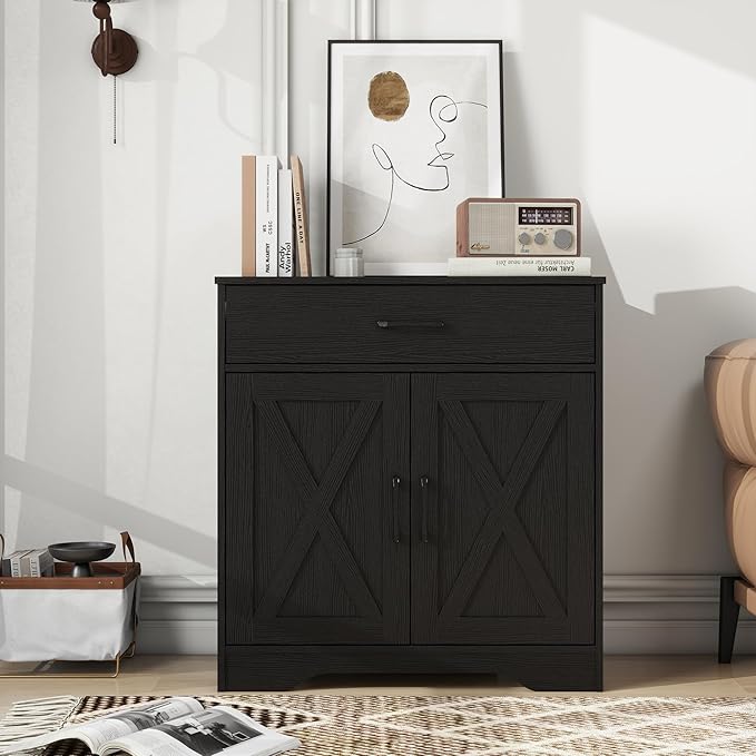 Panana Wooden Cabinet 1 Drawer and 2 Doors Storage Cupboard Coffee Bar Sideboard Farmhouse Entryway Organizer Console (Black)